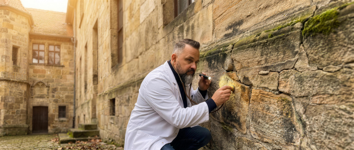 Stein-Doktor untersucht Naturstein-Fassade - Sanierung vor Ort