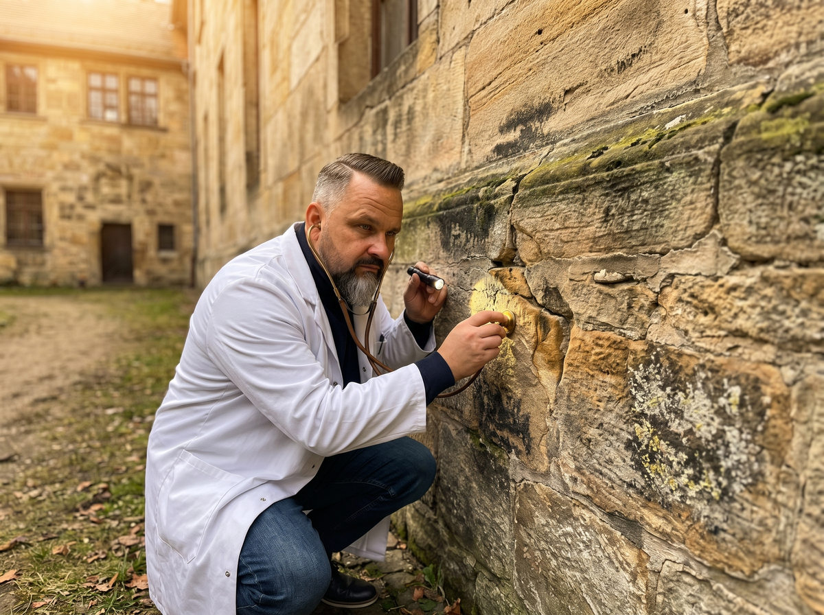 Stein-Doktor untersucht Naturstein-Fassade - Sanierung vor Ort